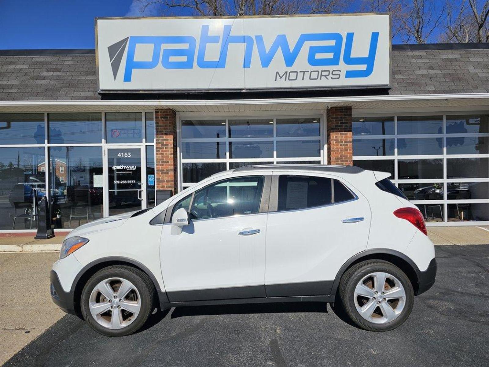 2016 White /Gray Buick Encore (KL4CJBSB7GB) with an 1.4l I-4 MFI Flex T/C HO engine, Auto transmission, located at 4163 Bardstown Rd, Louisville, KY, 40218, (502) 266-7677, 38.189991, -85.642418 - Photo #1